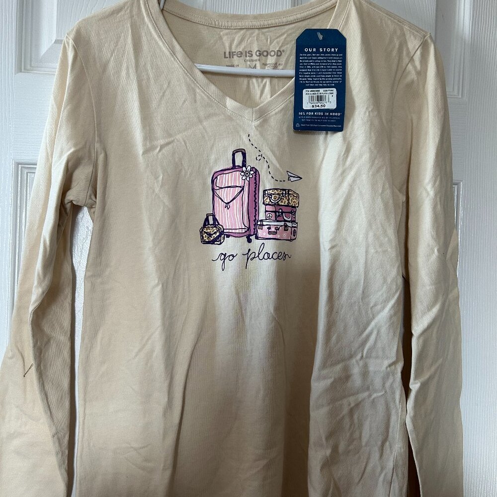 Life Is Good V Neck Long Sleeve  Size M "Go Places" Long Sleeve Tee Shirt NWT